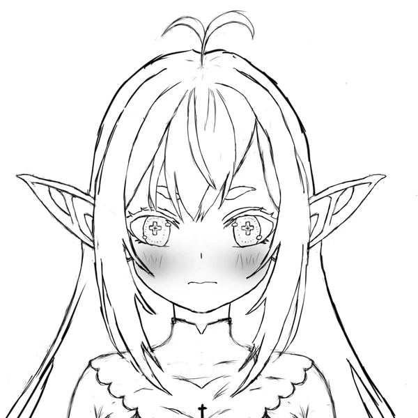 Sketch of VeeVee blushing, with her long elf ears